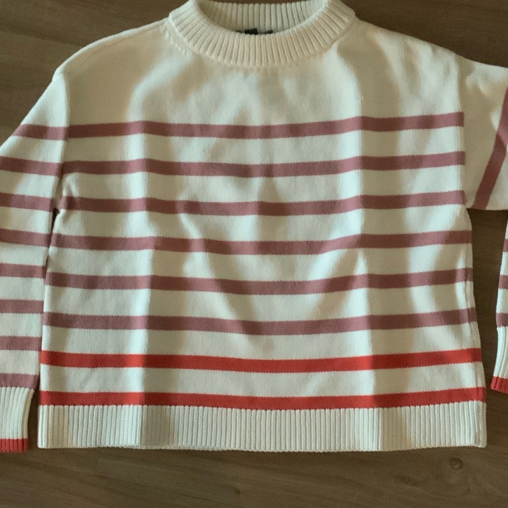 Ann Taylor White Crewneck Sweater with Pink and Red Stripes